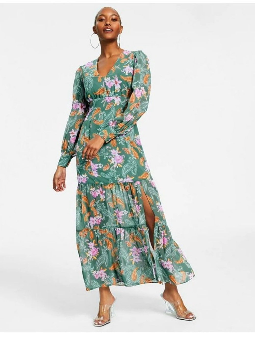 Bar III Green Floral V-Neck Maxi Dress